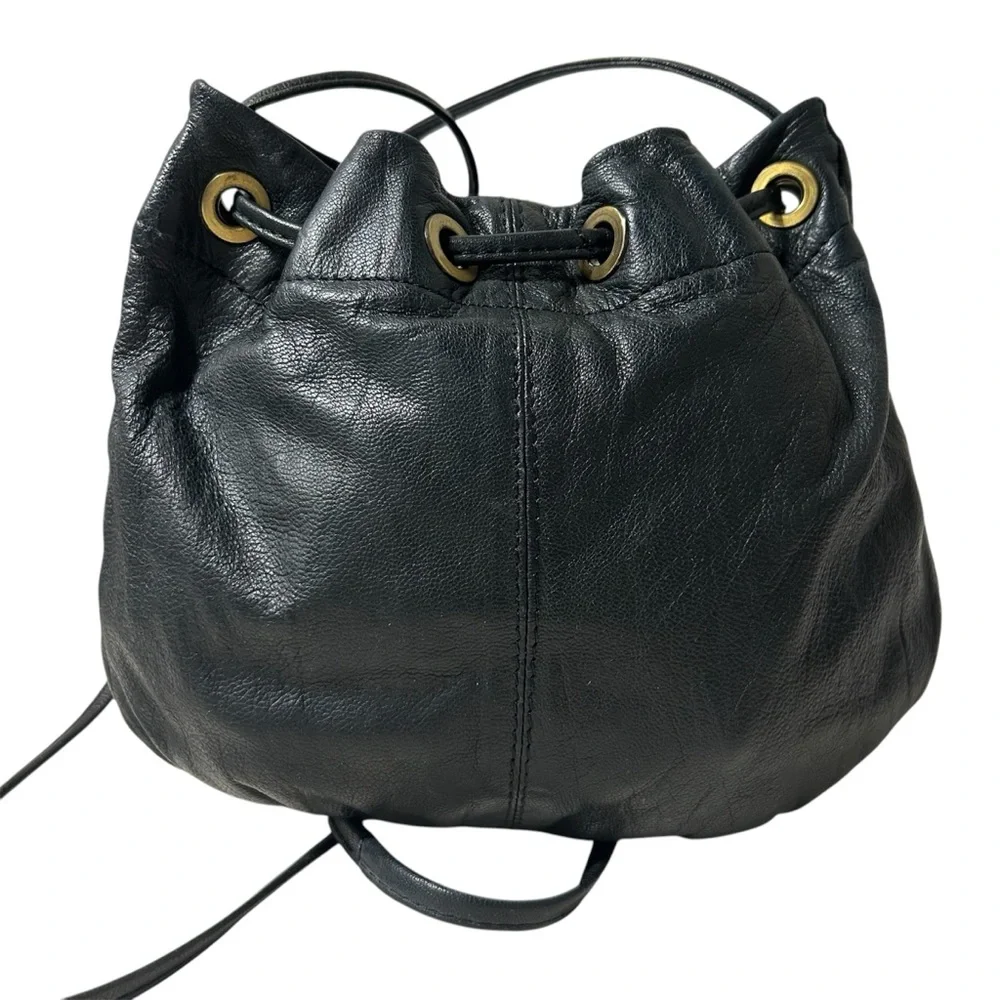 TopShop Real Leather Bucket Crossbody Bag with Tassels Grayish Black Color - Picture 2 of 8